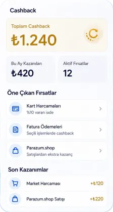Parazum uygulamasında cashback ekranı: toplam cashback, bu ay kazanılan, öne çıkan fırsatlar